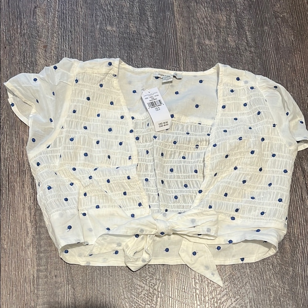 White and Blue Polka Dot Women’s Top